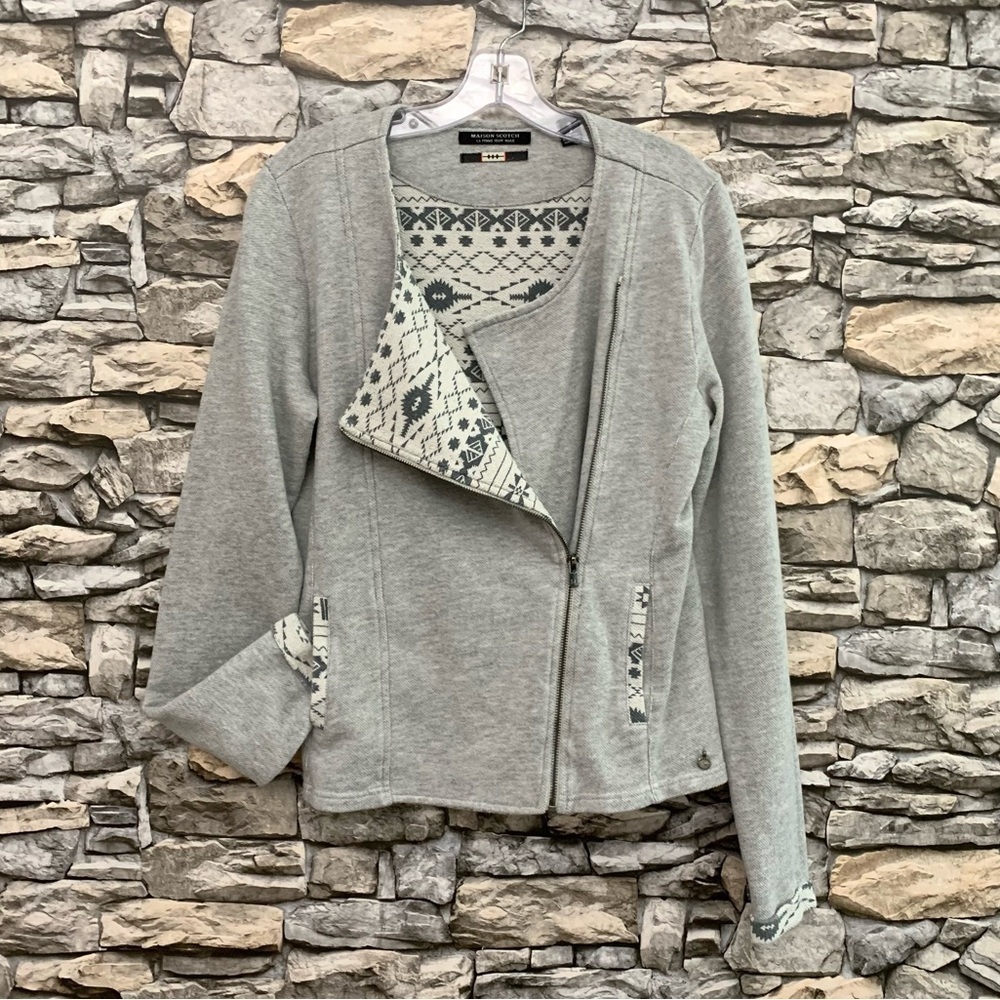 #01 Maison Scotch Soda La Femme Selon Marie Moto Aztec Print Gray Zip Jacket Top